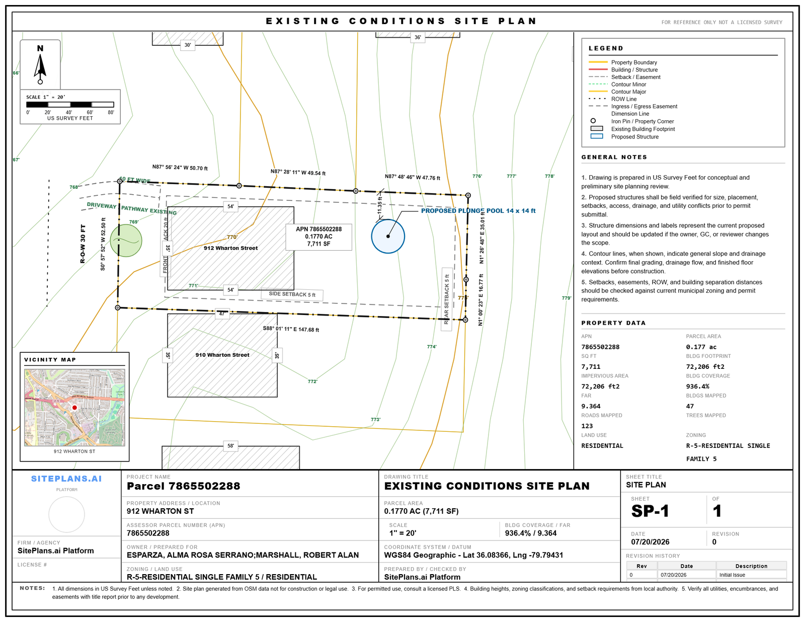 Pool permit site plan example with equipment pad and fencing shown Pool site plan showing property lines, house, proposed pool footprint, equipment pad, and barrier fencing