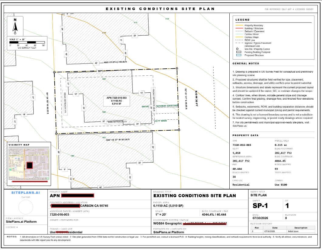 Home addition site plan showing existing house footprint, proposed addition, and setback dimensions