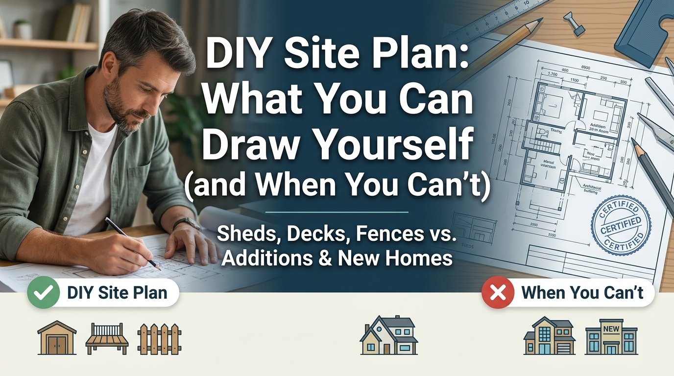 DIY Site Plan vs. Professional Comparison Comparing a DIY homeowner-drawn site plan to a professional plan, highlighting common DIY mistakes like missing setbacks and incorrect scale