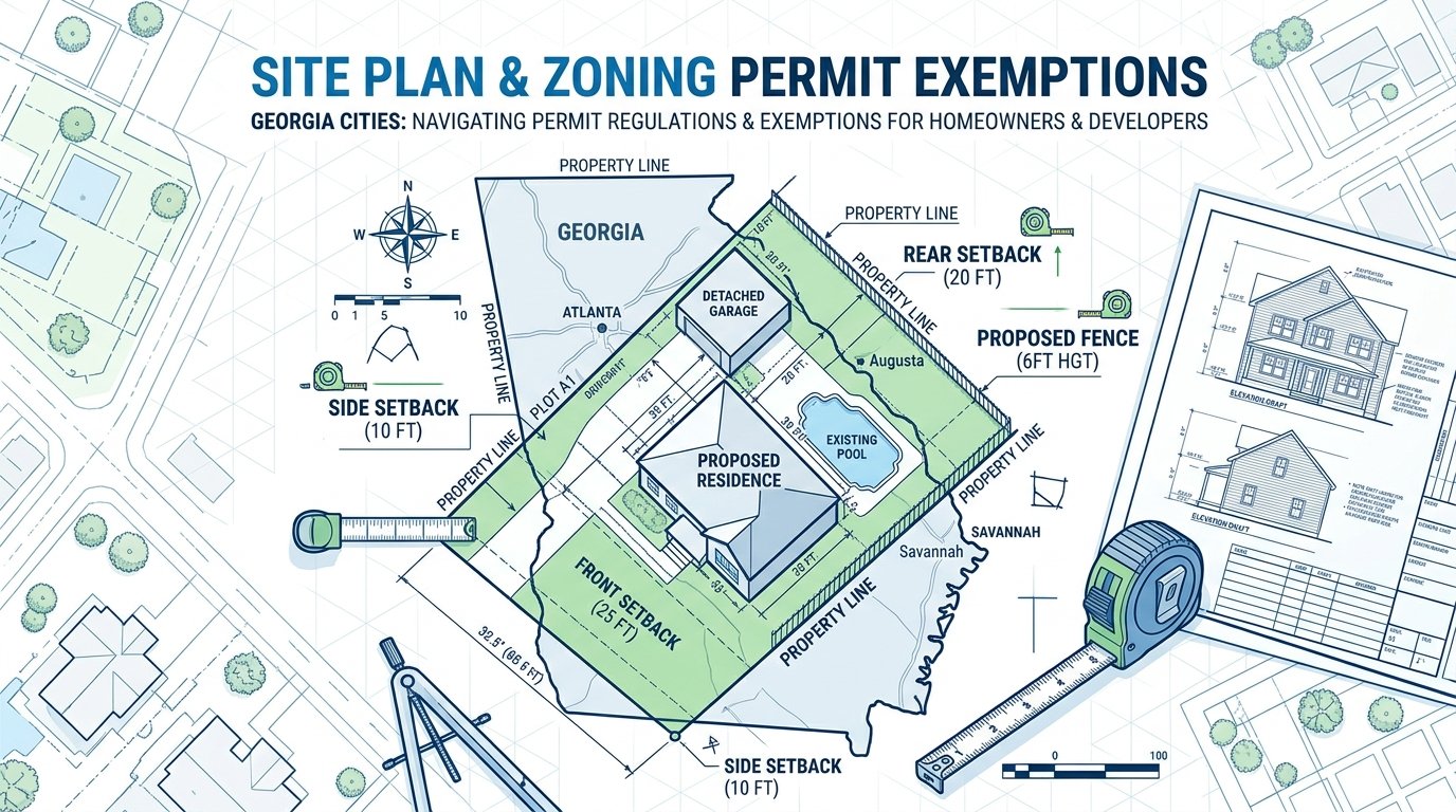 Map-style comparison showing which Georgia cities exempt fences, sheds, and interior work from site plan requirements