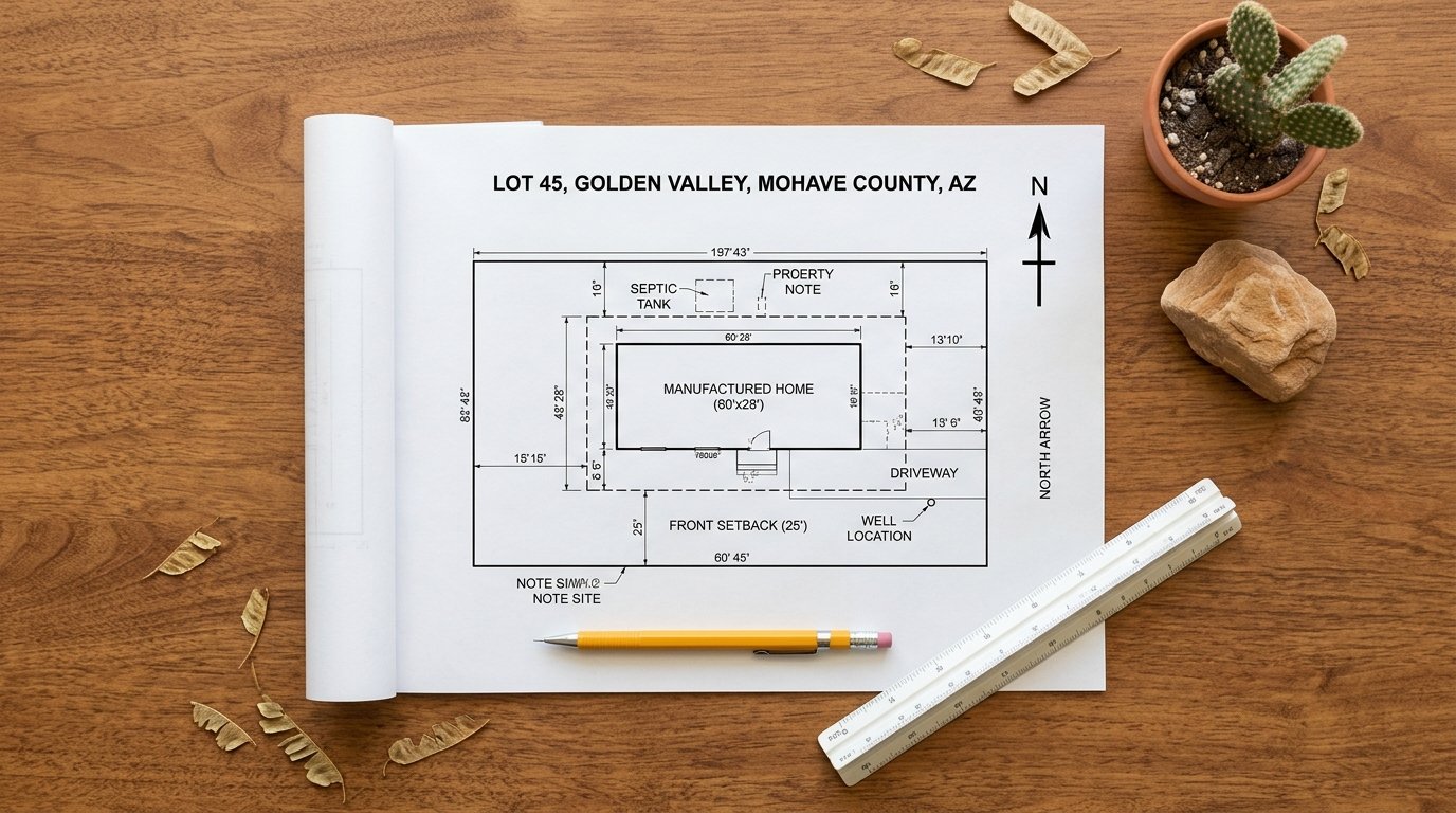 Manufactured home plot plan for Mohave County Mohave County manufactured home plot plan showing the home footprint, entrance steps and landings, septic and leach field, well, setbacks, and driveway on a rural lot