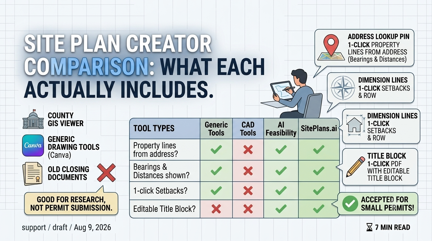 Site plan creator comparison — feature and pricing breakdown Side-by-side comparison of site plan creator tools showing property lines, setbacks, and pricing differences