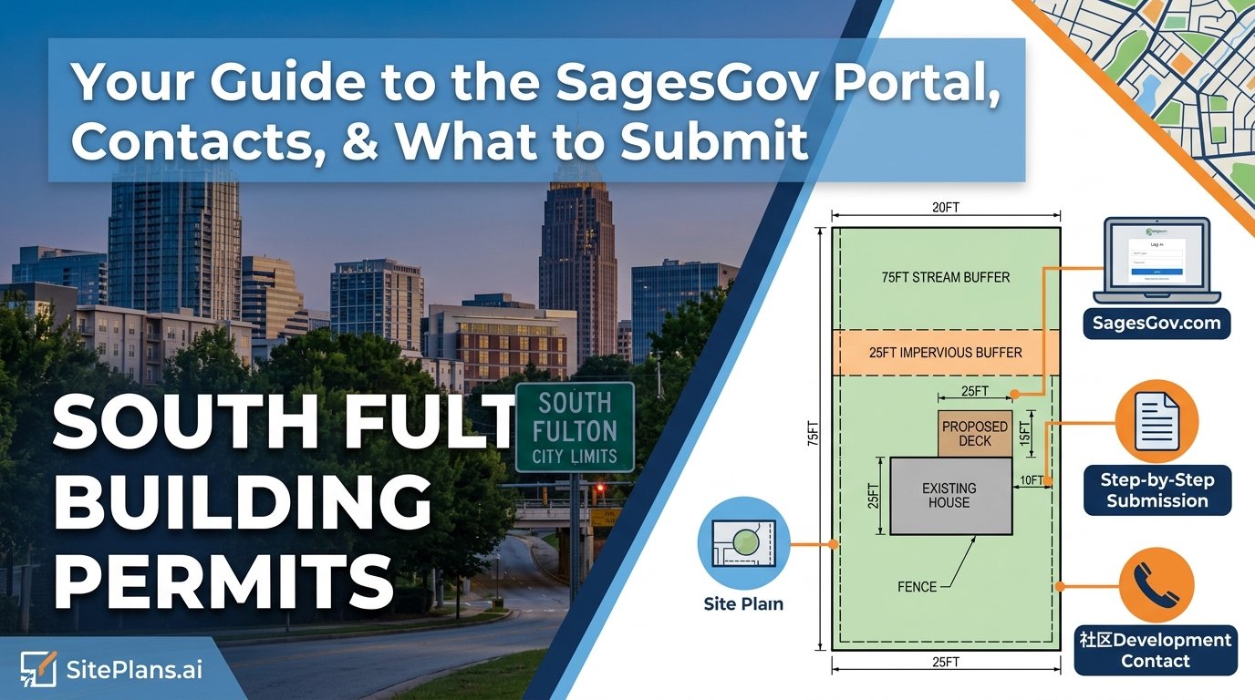 SagesGov South Fulton portal screen showing the building permit application and PDF upload steps