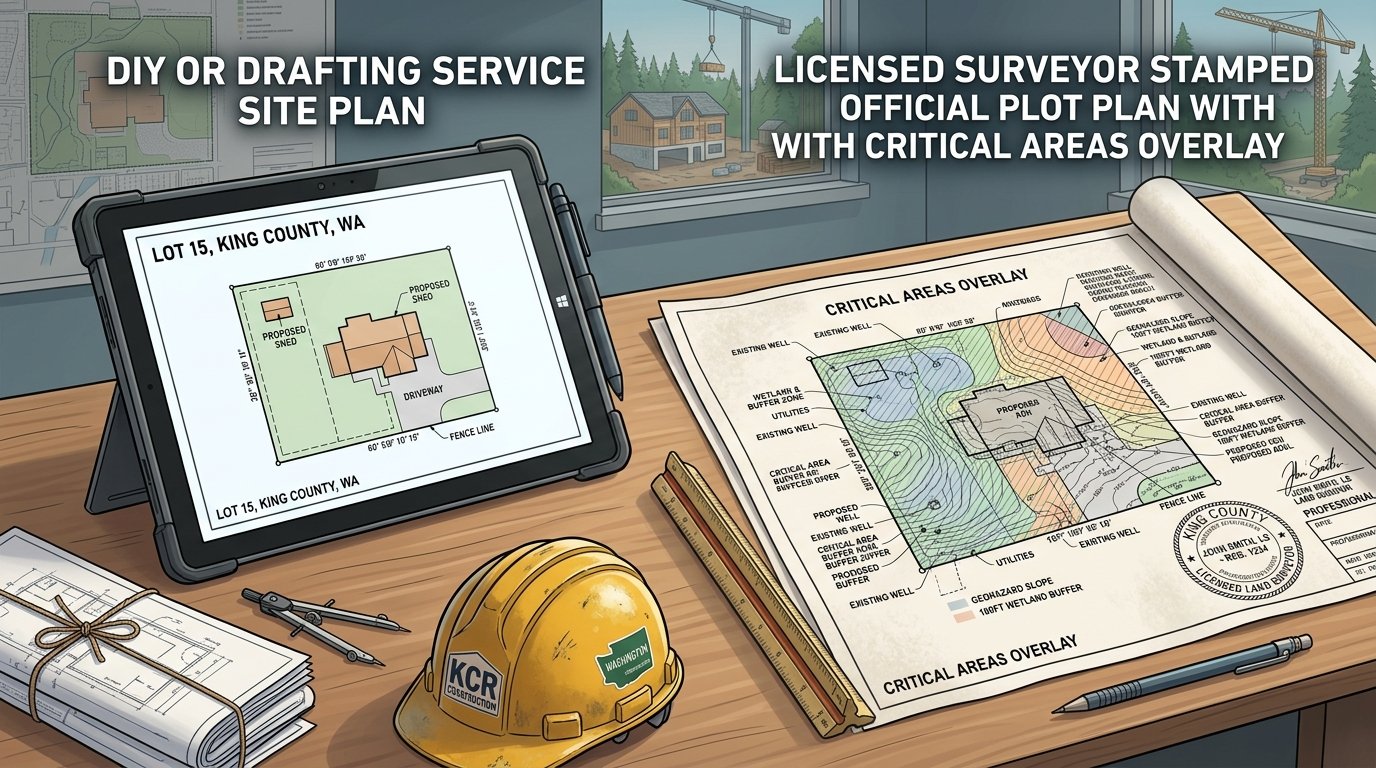 Comparison of a King County homeowner-prepared site plan and a licensed surveyor’s plan showing who can prepare each