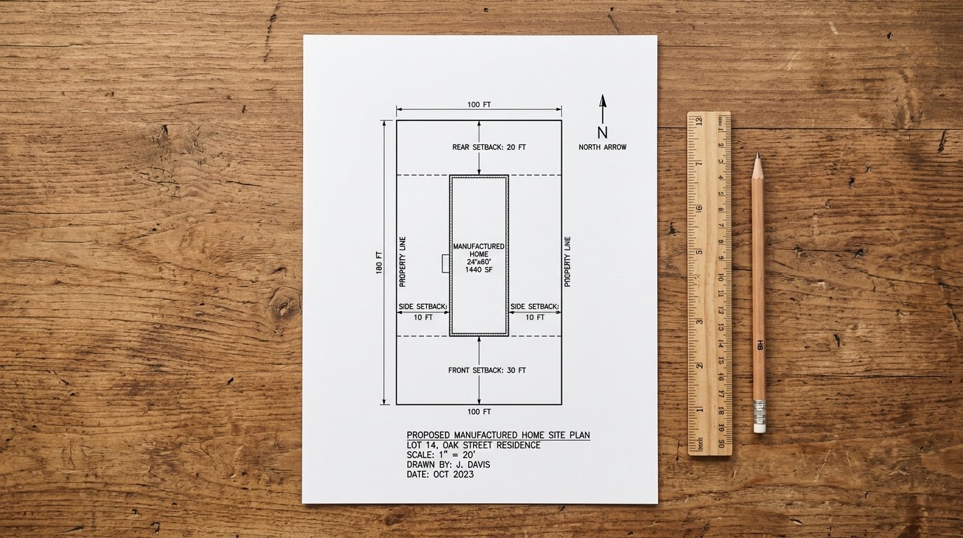 Yavapai County manufactured home plot plan: required elements Yavapai County manufactured home plot plan showing the home footprint, septic and leach area, setbacks, slope direction, washes, and accessory structures on a rural lot
