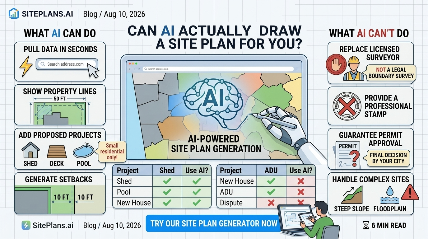 AI site plan generation workflowAI site plan generation workflow AI site plan generation showing address entry, property lines, and PDF export