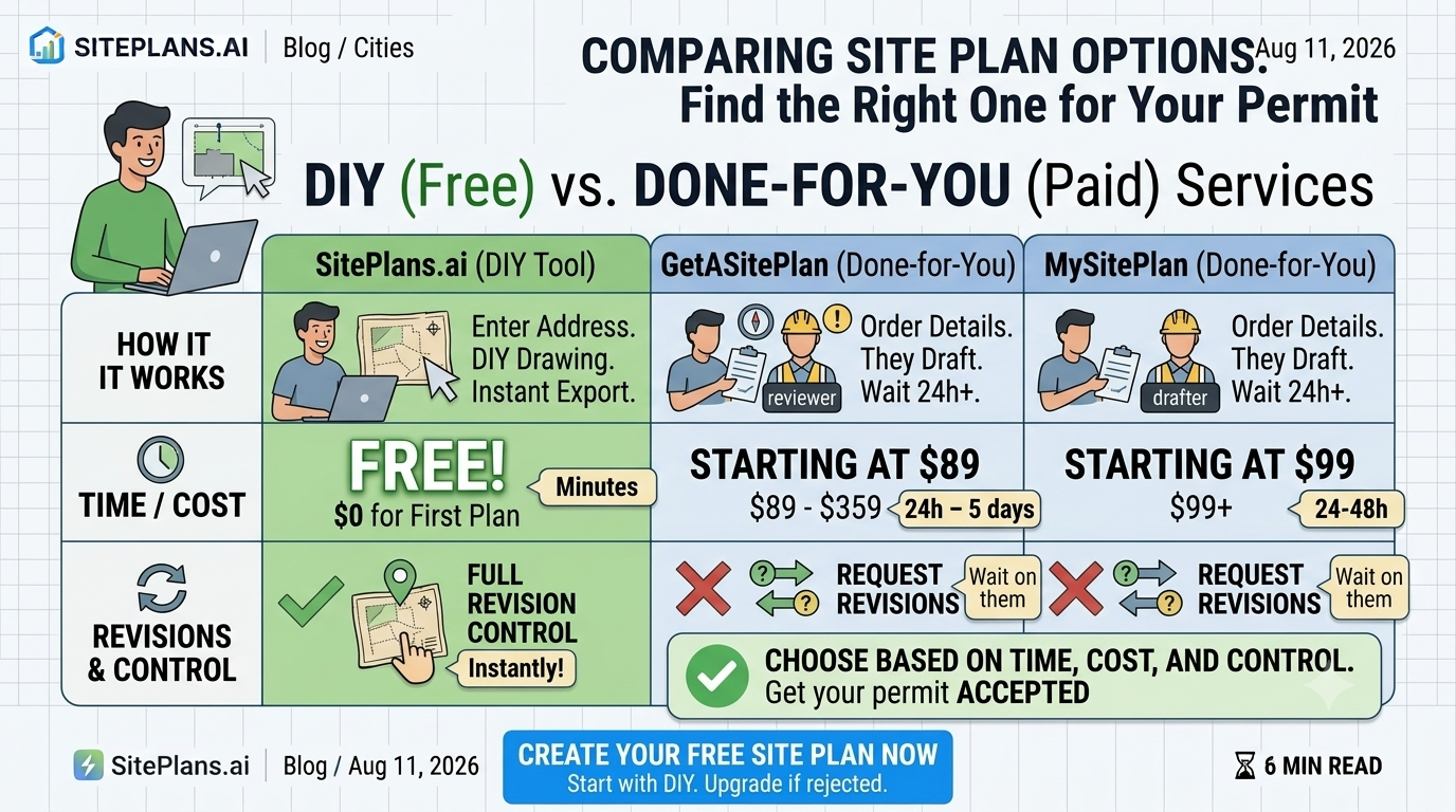 Site plan service comparison Comparison of GetASitePlan, MySitePlan, and SitePlans.ai site plan services