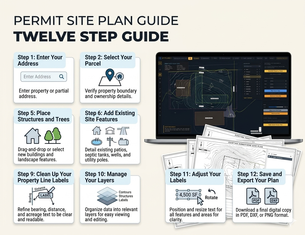 Laptop showing SitePlans.ai site plan examples with the text permit site plan guide