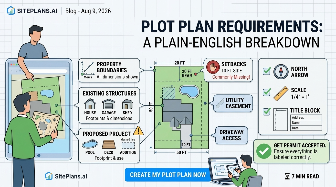 Plot plan requirements checklist showing property lines, setbacks, and structures