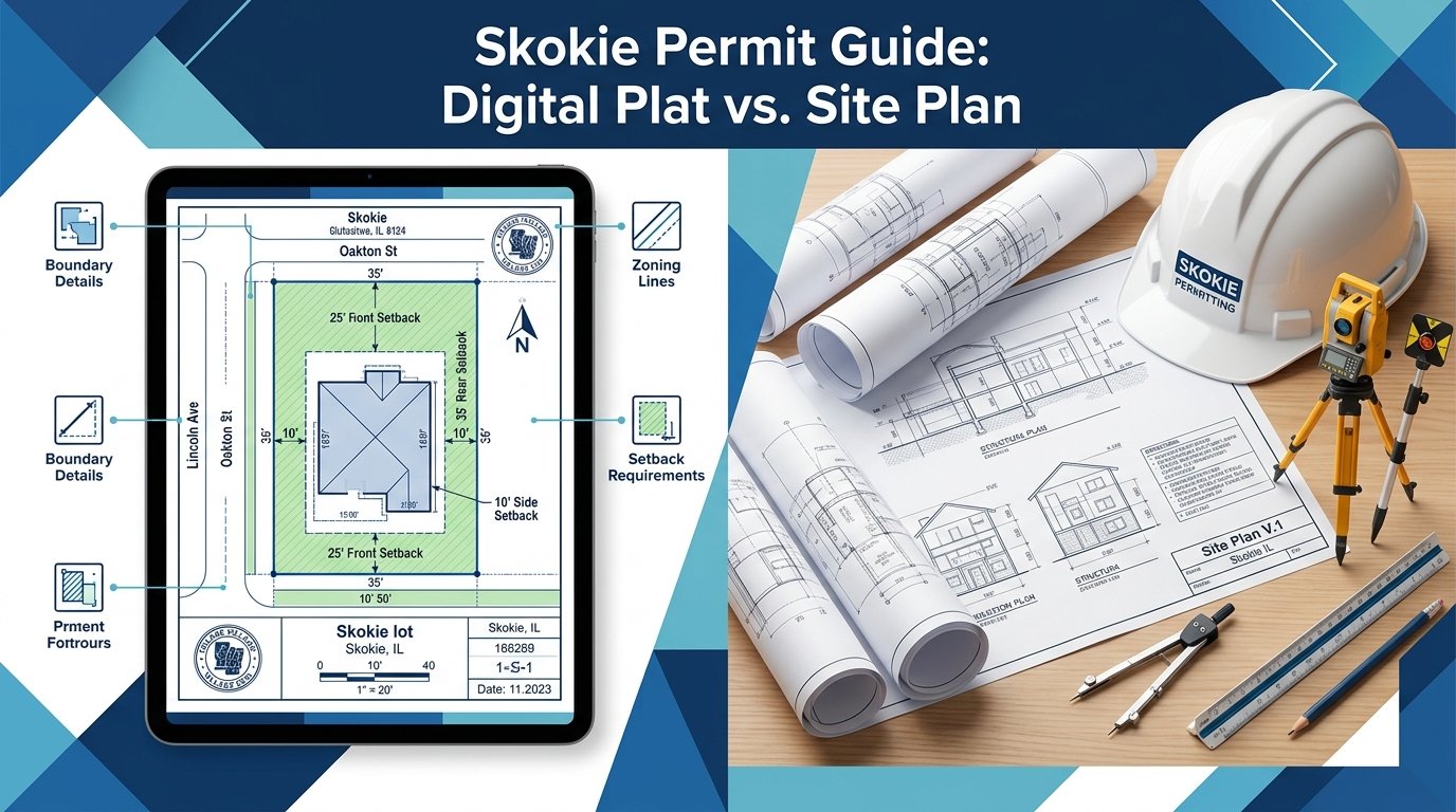 Comparison showing an accepted digital plat of survey file versus a rejected scanned plat for a Skokie building permit