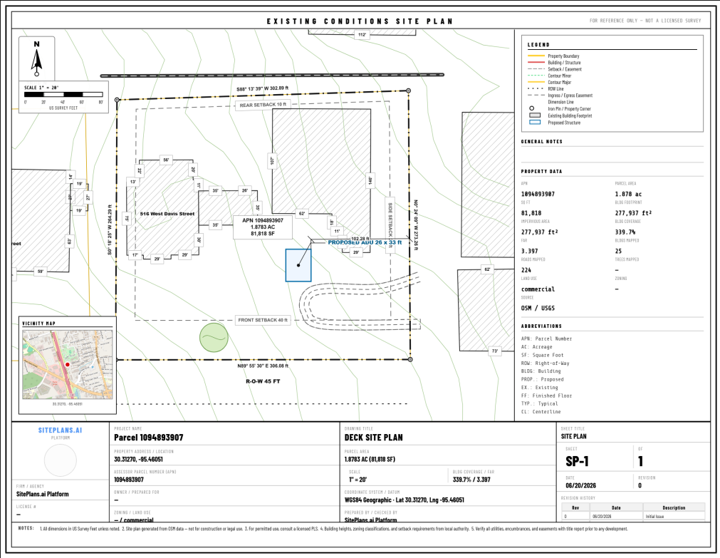 Example ADU site plan created with SitePlans.ai showing property lines, existing house, driveway, and proposed accessory dwelling unit with dimensions, setbacks, parking, and utilities