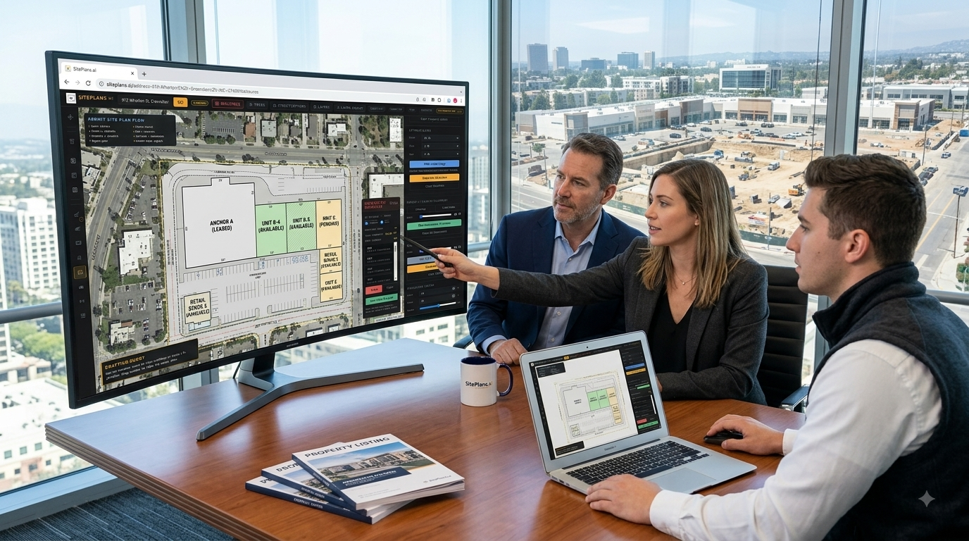 Site Plans for Commercial Real Estate Commercial real estate broker reviewing a clear site plan of a retail property built from the property address