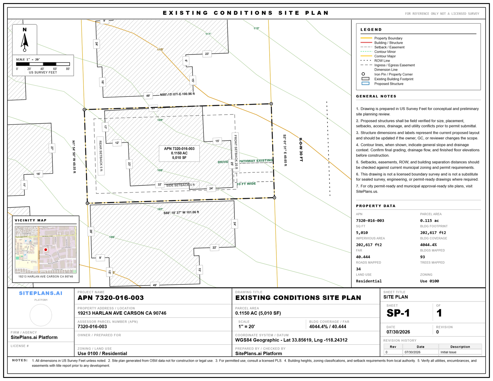 Driveway site plan example with property lines, ROW, curb cut, and setbacks Example driveway site plan created with the tool showing property lines, existing house, garage, and proposed driveway with dimensions, right-of-way, and curb cut location