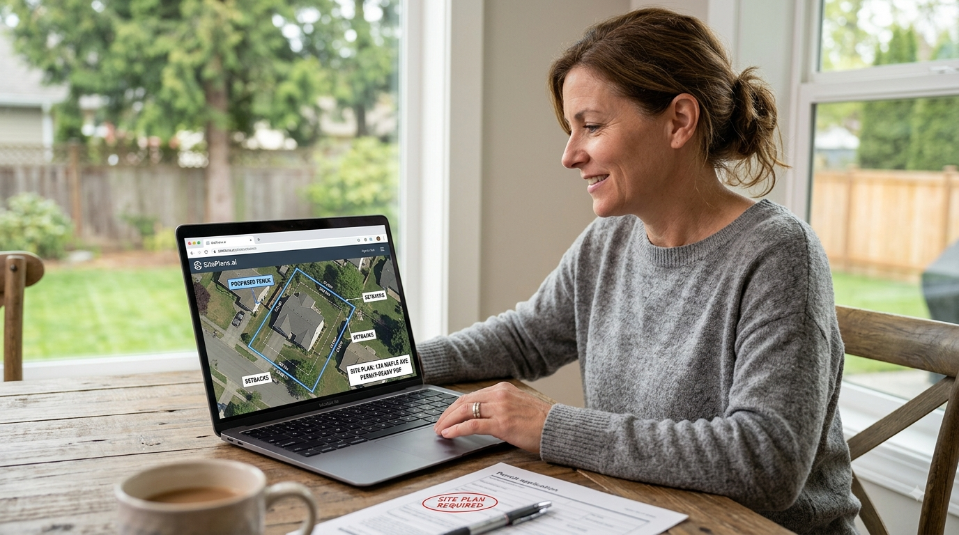 Site Plans for Homeowners — Get Your Permit in Minutes Homeowner creating a permit-ready site plan online with SitePlans.ai