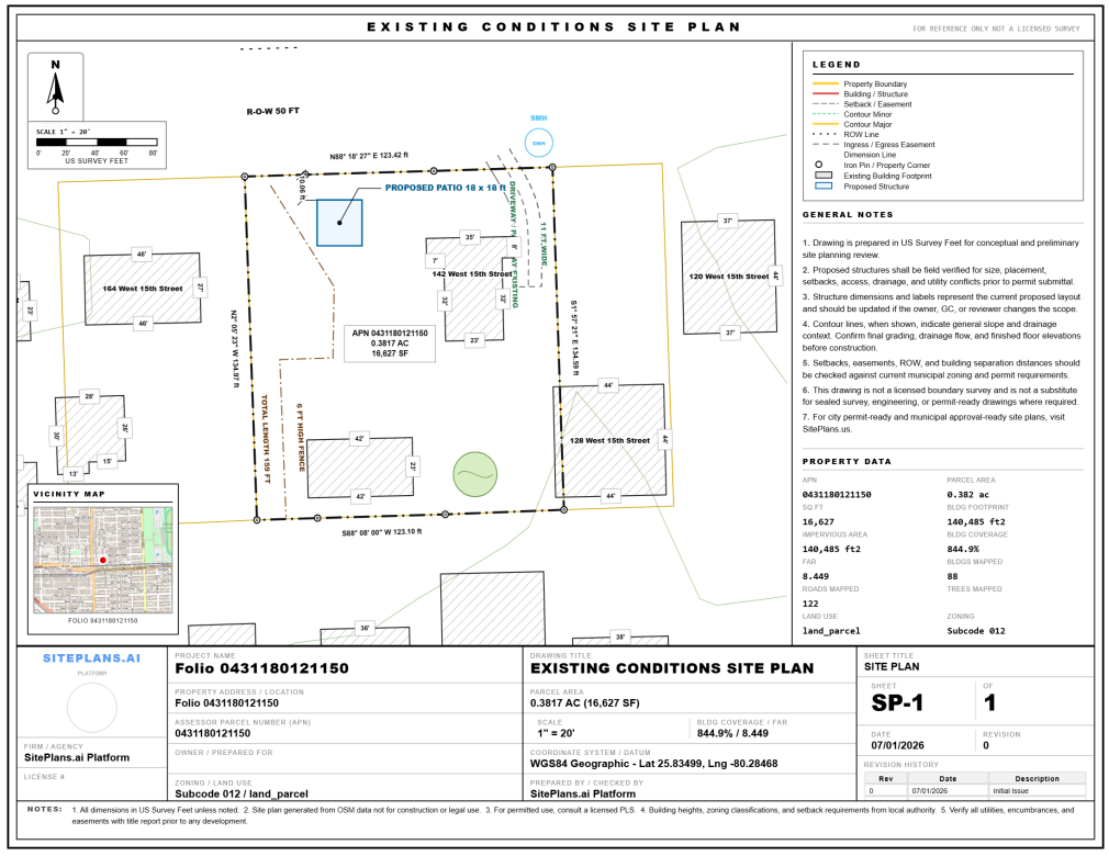 Patio site plan showing property lines, house, and proposed patio footprint with setback dimensions