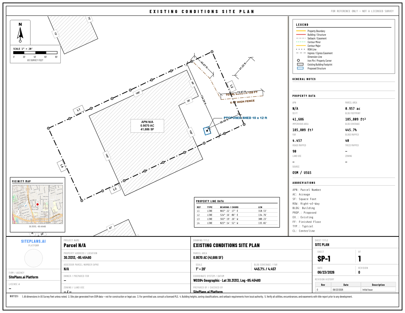 Shed permit site plan example with setbacks labeled Shed site plan showing property boundary, house, and proposed shed footprint with setback distances