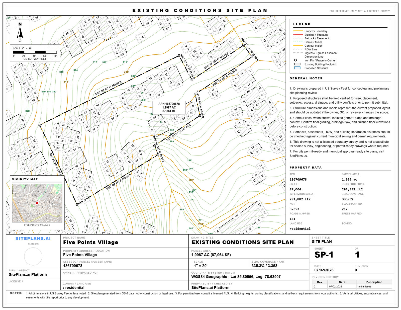 "SitePlans.ai Contours tool showing interval settings and generated contour lines over a property"