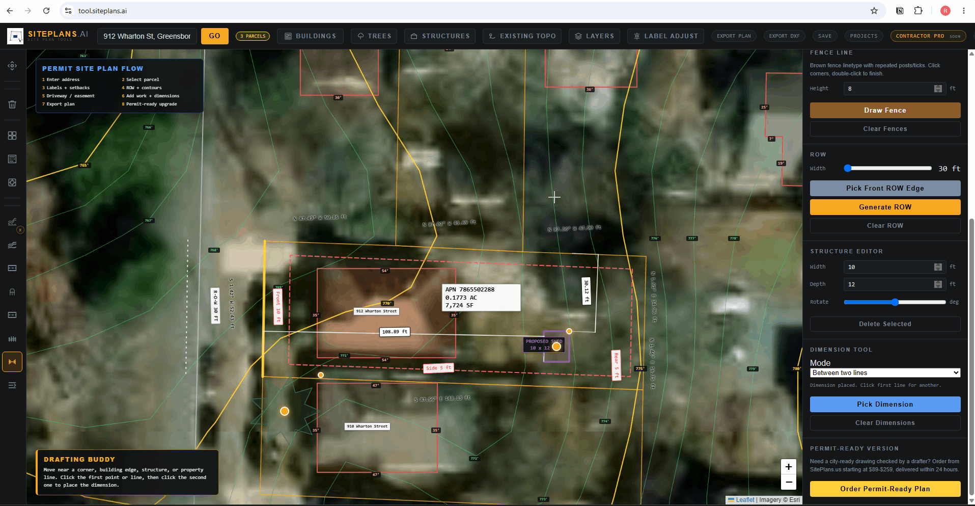 Manage Layers Tool Opening the Layers panel to toggle visibility of structures, contours, property lines, and dimensions on the site plan.
