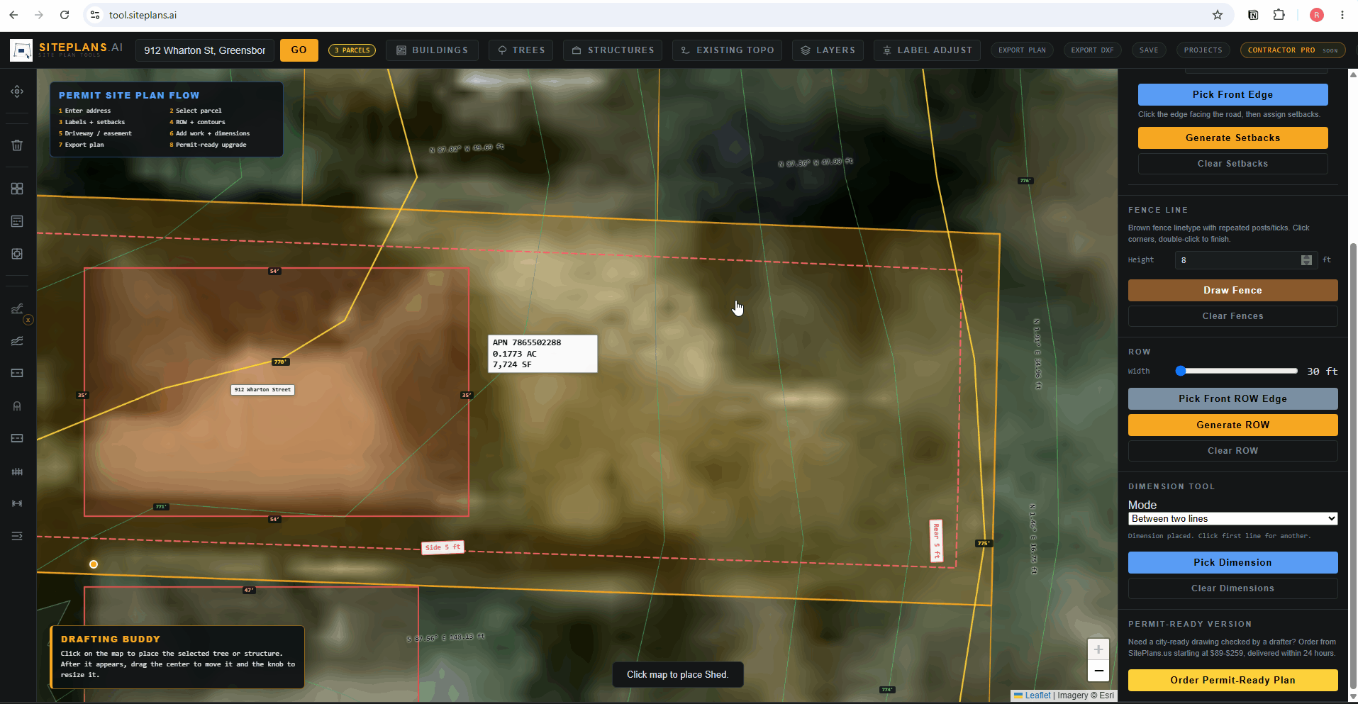 Place Shed on Site Plan Tool Using the Add Structure tool with the Shed preset to place, size, and check a shed against setback lines on the site plan.